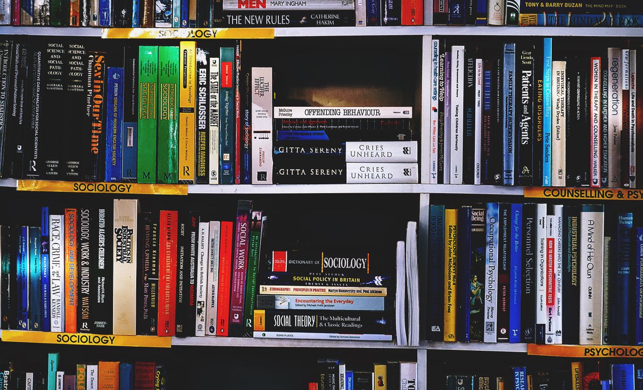 services-02 A vibrant collection of sociology books on a well-organized bookshelf.