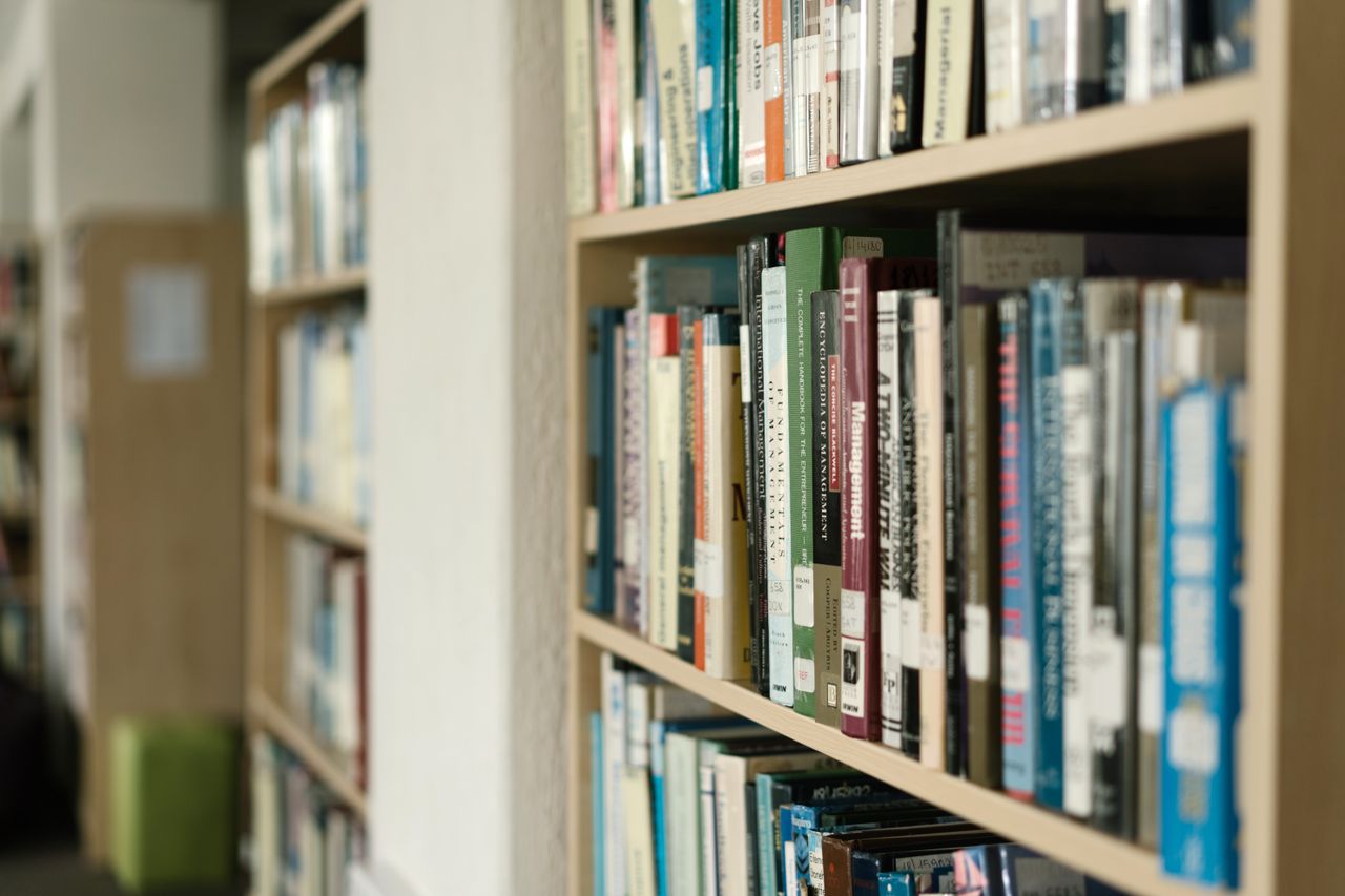 about-img Close-up of bookshelves filled with diverse literature in a quiet library setting.